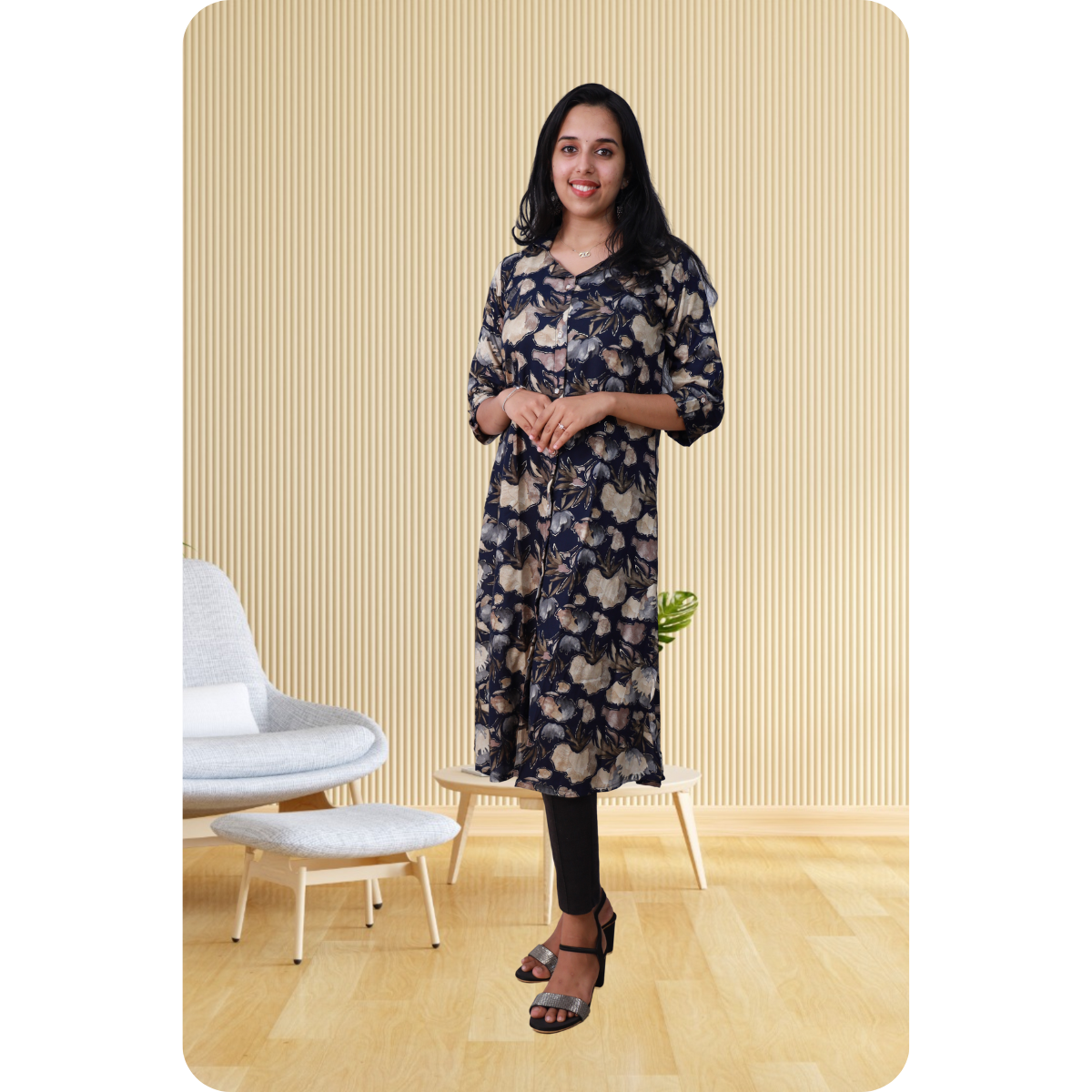 Zahari A Line top grey floral