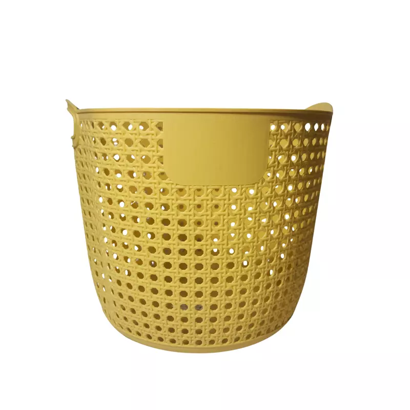 Yellow Round Woven Plastic Laundry Basket with Handle