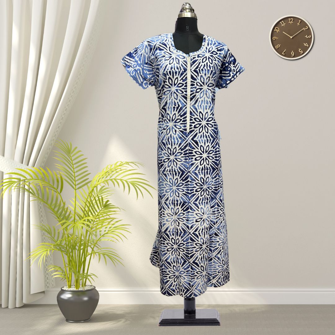 Wave Water Blue Batik Cotton Nighty With All Over From Libas Loungewear - AL1086