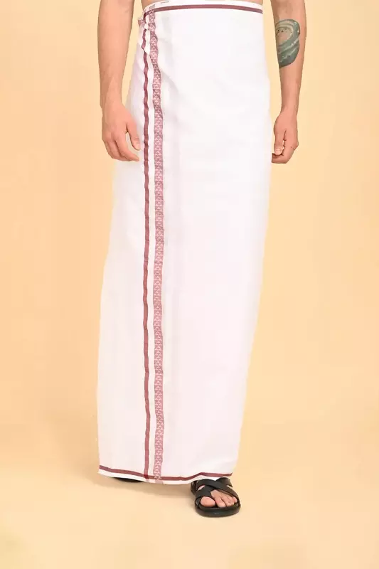 Men’s 100% Cotton Double-Layer White Veshti with Fancy Border-Pink