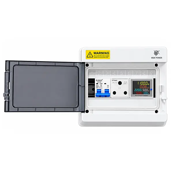 9-Way EV Charger MCB Box | 3-Pin 6A Socket, Sibass 32A 2-Pole AC MCB & Digital Energy Meter