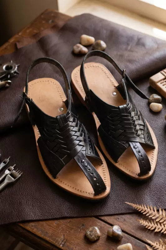 Men's braided black leather chappal, hand-woven vamp, Chamba