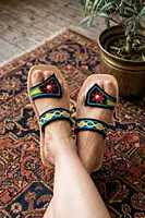 Women's hand-embroidered black leather slide chappal with floral motifs, Chamba — Yatrika Crafts