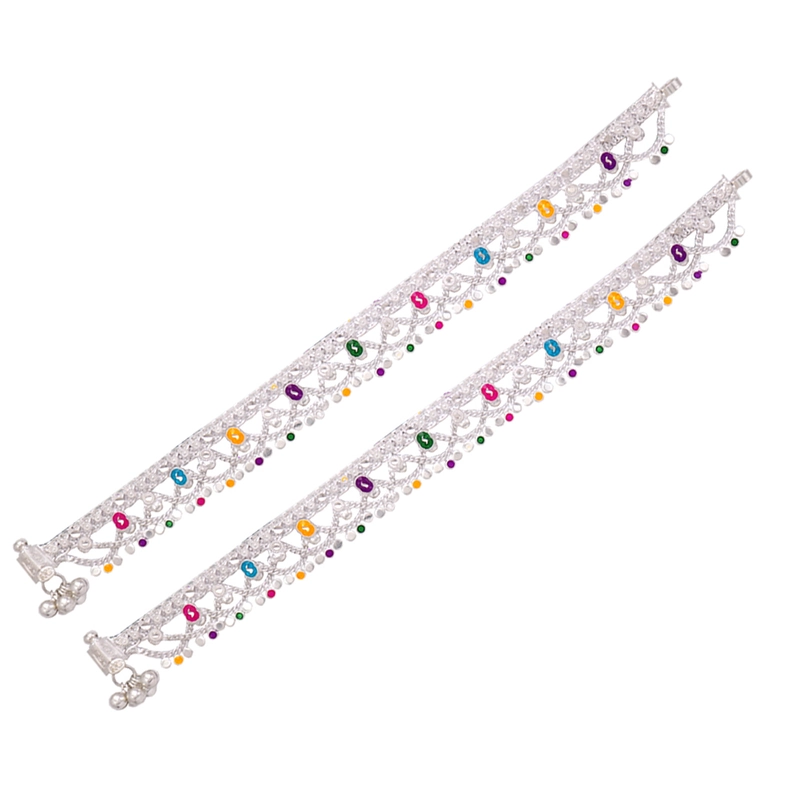 Sterling Silver Anklets for Women – Enamel Design Traditional Silver Payal