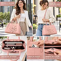 Camellia Floral Genuine Leather Satchel Handbag Blush Pink