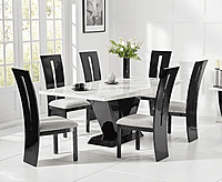 Furnlluxra Modern 6-Seater High Gloss Marble Dining Table Set with Velvet Cushioned Chairs