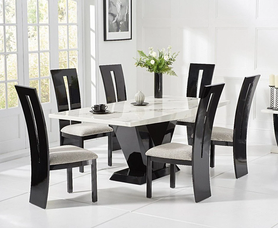 Furnlluxra Modern 6-Seater High Gloss Marble Dining Table Set with Velvet Cushioned Chairs