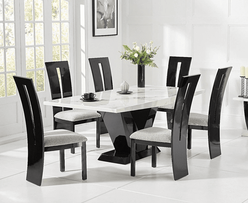 Furnlluxra Modern 6-Seater High Gloss Marble Dining Table Set with Velvet Cushioned Chairs