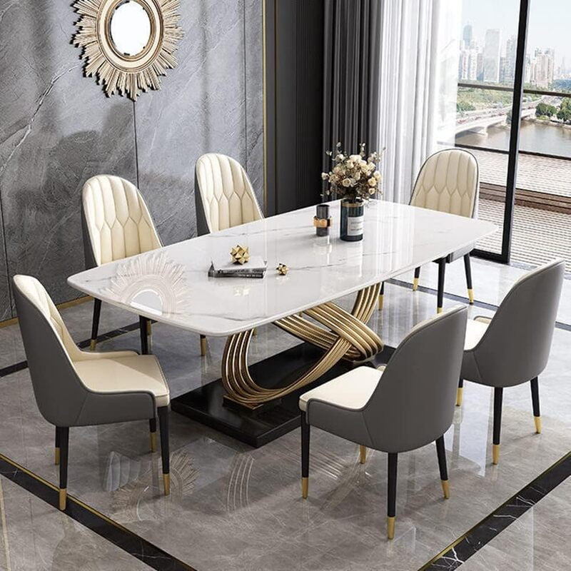 Vikinterio Stainless Steel Base with Marble Top Six Seater Dining Table Set Vikinterio Stainless Steel Base with Marble Top Six Seater Dining Table Set