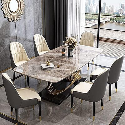 Vikinterio Stainless Steel Base with Marble Top Six Seater Dining Table Set Vikinterio Stainless Steel Base with Marble Top Six Seater Dining Table Set