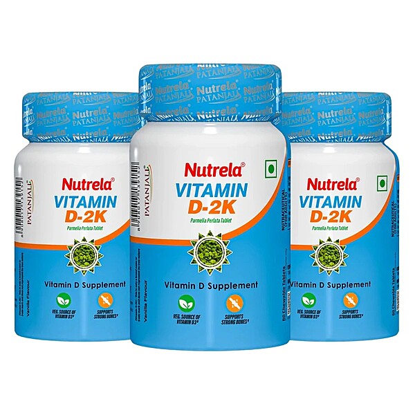 Patanjali Nutrela Vitamin D-2K Natural - 60 Chewable Tablets for Men & Women - Vanilla Flavor (pack of 3)-24 g