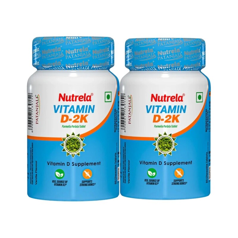 Patanjali Nutrela Vitamin D2K Natural - 60 Chewable Tablets for Men & Women - Vanilla Flavor (pack of 2)-16 g