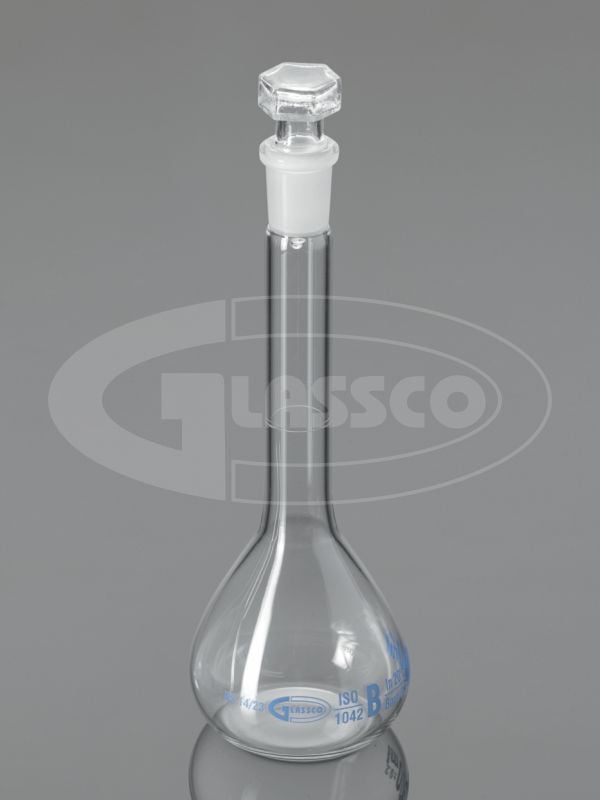 Volumetric Flask (Standard Flask) with Penny Head Glass & PE Stopper, Clear Glass, Class B, Calibrated at 27°C, GLASSCO