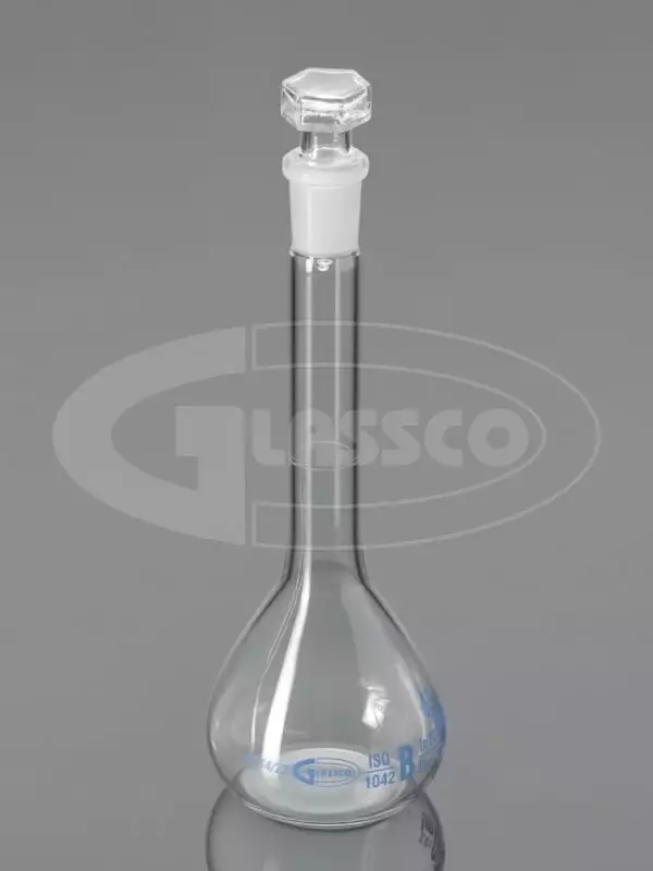 Volumetric Flask (Standard Flask) with Penny Head Glass & PE Stopper, Clear Glass, Class B, Calibrated at 27°C, GLASSCO