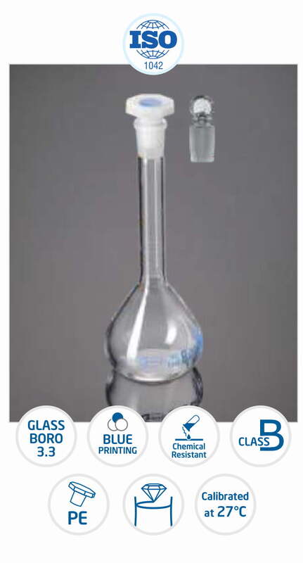 Volumetric Flask (Standard Flask) with Penny Head Glass & PE Stopper, Clear Glass, Class B, Calibrated at 27°C, GLASSCO