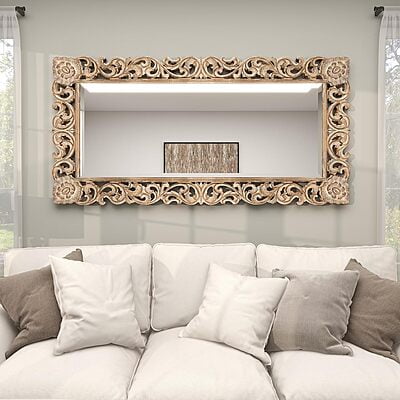 Vikinterio 79 Exquisitely Carved Mango Wood Wall Mirror, Floral Design, Light Brown, 36" x 2" x 72" Vikinterio 79 Exquisitely Carved Mango Wood Wall Mirror, Floral Design, Light Brown, 36" x 2" x 72"