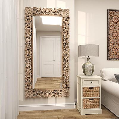 Vikinterio 79 Exquisitely Carved Mango Wood Wall Mirror, Floral Design, Light Brown, 36" x 2" x 72" Vikinterio 79 Exquisitely Carved Mango Wood Wall Mirror, Floral Design, Light Brown, 36" x 2" x 72"