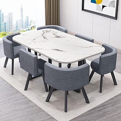 Jayemyer Space Saving Marble Top Six Seater Dining Table and Chairs Set of 7 Jayemyer Space Saving Marble Top Six Seater Dining Table and Chairs Set of 7