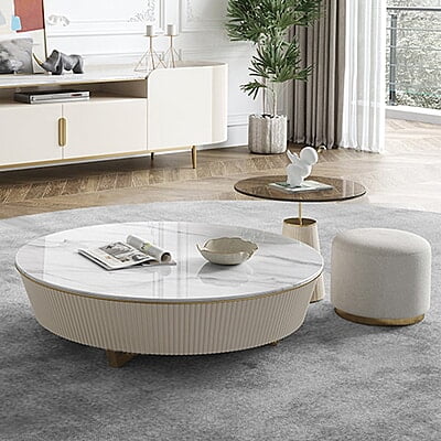 Vikinterio Norway Marble Top Coffee Table Set with Ottoman and End Table Vikinterio Norway Marble Top Coffee Table Set with Ottoman and End Table