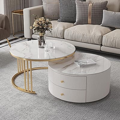 Vikinterio Rounded Corner Design Nesting Round Coffee Table Set of 2 End Tables Vikinterio Rounded Corner Design Nesting Round Coffee Table Set of 2 End Tables