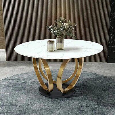 Vikinterio 53.1" Elegant Round Dining Table with Natural Marble Top in White & Gold