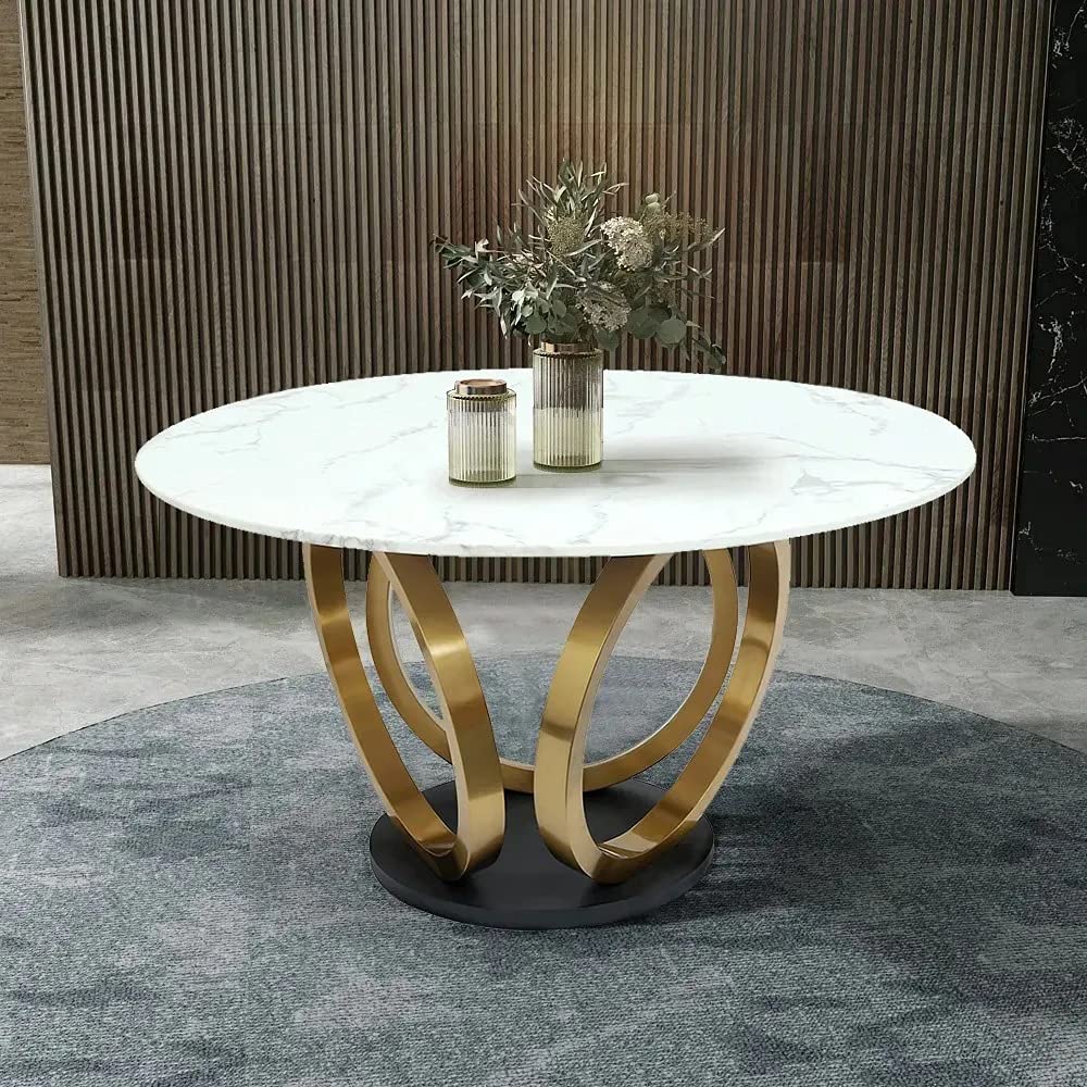 Vikinterio 53.1" Elegant Round Dining Table with Natural Marble Top in White & Gold
