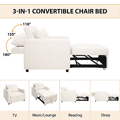 Vikinterio 3 in 1 Convertible Chair Bed, Lounger Sleeper Chair Bed, Linen Sofa Bed Sleeper Armchair