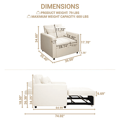 Vikinterio 3 in 1 Convertible Chair Bed, Lounger Sleeper Chair Bed, Linen Sofa Bed Sleeper Armchair