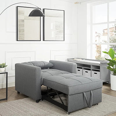 Vikinterio 3 in 1 Convertible Chair Bed, Lounger Sleeper Chair Bed in Gray Linen Fabric