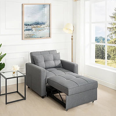 Vikinterio 3 in 1 Convertible Chair Bed, Lounger Sleeper Chair Bed in Gray Linen Fabric