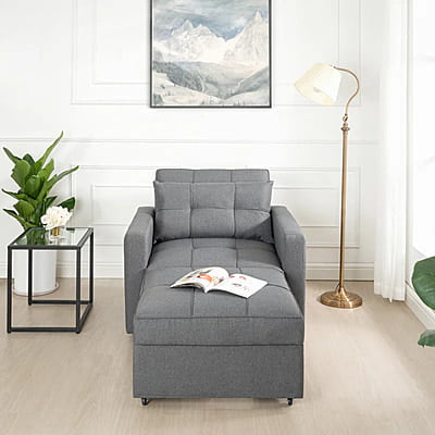 Vikinterio 3 in 1 Convertible Chair Bed, Lounger Sleeper Chair Bed in Gray Linen Fabric