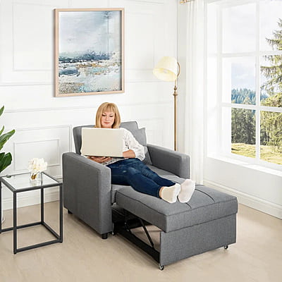 Vikinterio 3 in 1 Convertible Chair Bed, Lounger Sleeper Chair Bed in Gray Linen Fabric