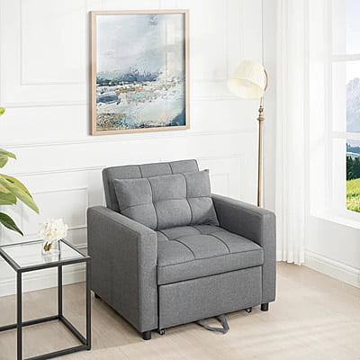 Vikinterio 3 in 1 Convertible Chair Bed, Lounger Sleeper Chair Bed in Gray Linen Fabric