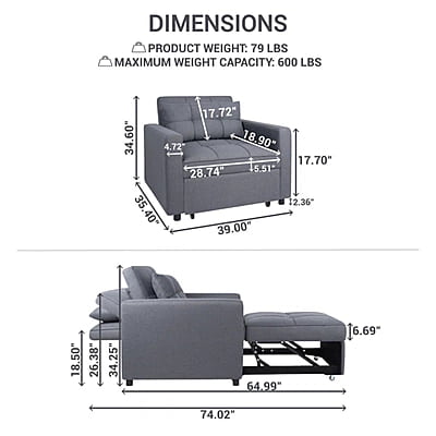 Vikinterio 3 in 1 Convertible Chair Bed, Lounger Sleeper Chair Bed in Gray Linen Fabric