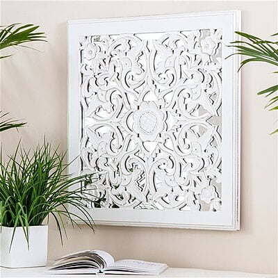 VIKINTERIO White Carved Square Mirrored Medallion Wall Art