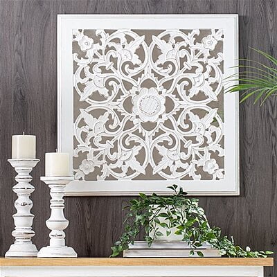 VIKINTERIO White Carved Square Mirrored Medallion Wall Art