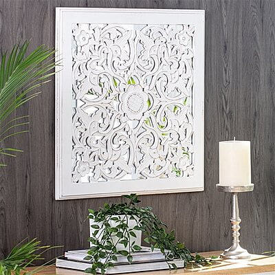 VIKINTERIO White Carved Square Mirrored Medallion Wall Art
