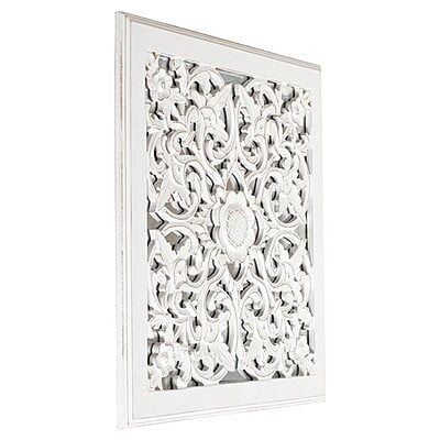 VIKINTERIO White Carved Square Mirrored Medallion Wall Art