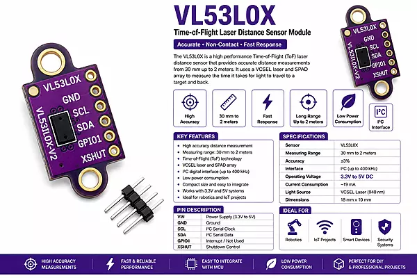 VL53L0X Distance Sensor Module – Time-of-Flight Laser Range Finder (I2C)
