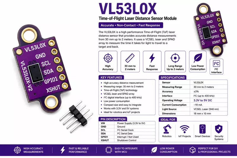 VL53L0X Distance Sensor Module – Time-of-Flight Laser Range Finder (I2C)