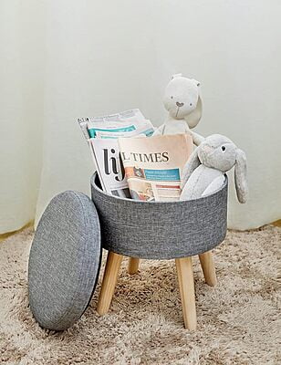 Sydney Round Ottoman Leg Rest Seat Made of Linen and Solid Wood with Storage Space, Sydney Round Ottoman Leg Rest Seat Made of Linen and Solid Wood with Storage Space,