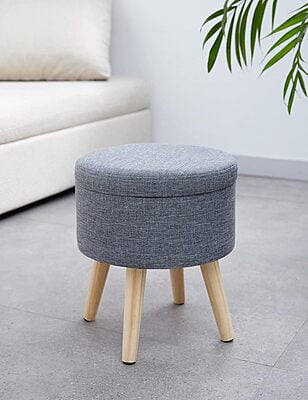Sydney Round Ottoman Leg Rest Seat Made of Linen and Solid Wood with Storage Space, Sydney Round Ottoman Leg Rest Seat Made of Linen and Solid Wood with Storage Space,