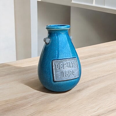 Blue Ceramic Vase with "Depuis 1884" Detail Blue Ceramic Vase with "Depuis 1884" Detail
