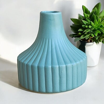Teal Ceramic Vase with Ribbed Design Teal Ceramic Vase with Ribbed Design