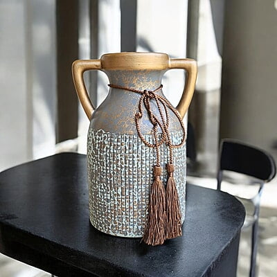 Grey Antique Ceramic Vase with Tassels and Double Handles Grey Antique Ceramic Vase with Tassels and Double Handles