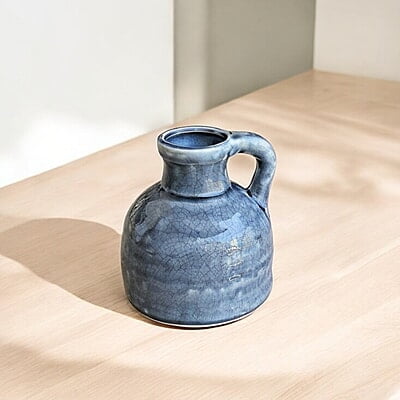 Bluish grey Ceramic Vase with Cracked Glaze and Handle Bluish grey Ceramic Vase with Cracked Glaze and Handle