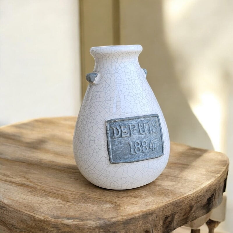 hite Ceramic Vase with "Depuis 1884" Detail