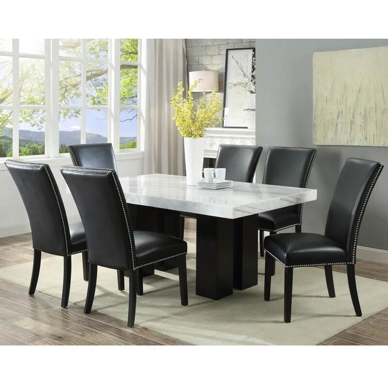 Contemporary Modern Marble Top Six Seater Dining Table Set Black Chairs Contemporary Modern Marble Top Six Seater Dining Table Set Black Chairs