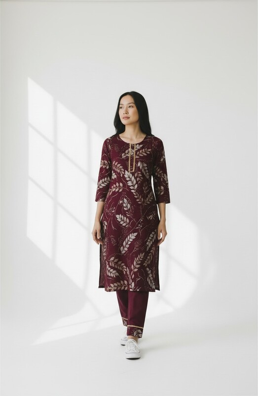 Maroon Printed Kurti with Beige Leaf Design