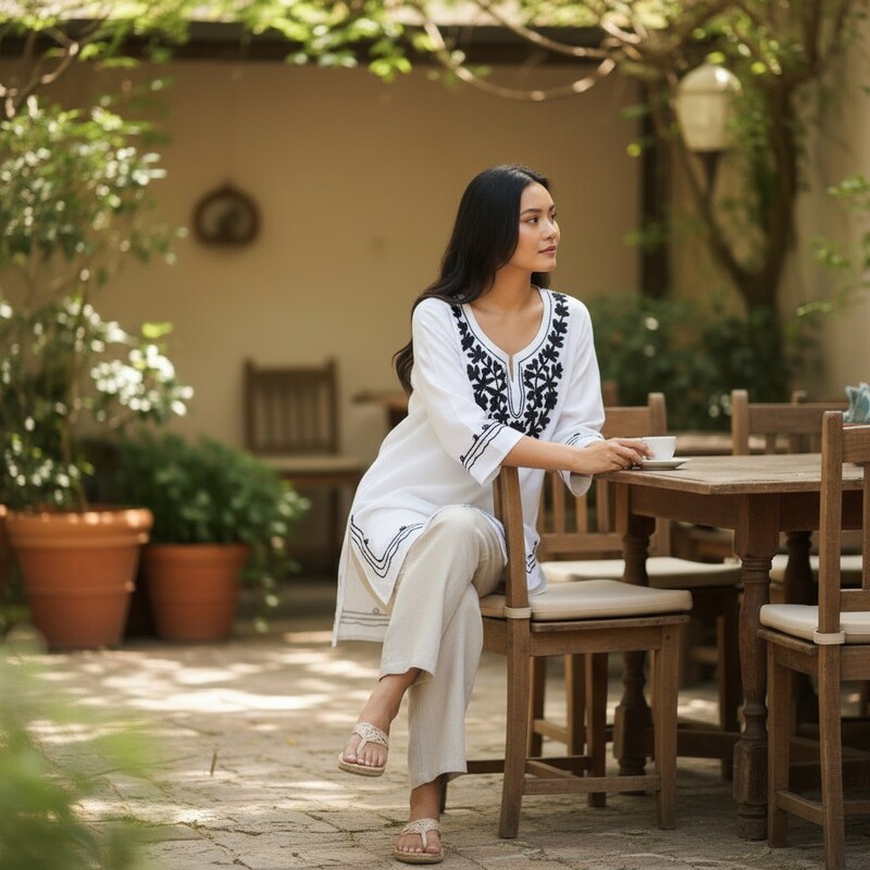 White Kurti with Black Embroidery